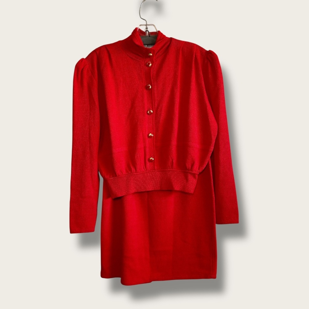 Vintage St. John for I. Magnin Santana Knit Solid Red Pleated Skirt Set Sz 8